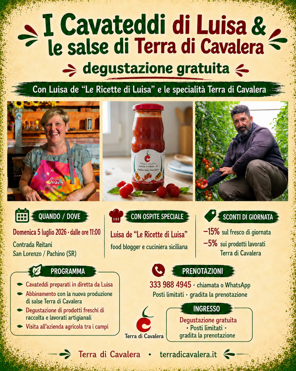 Degustazione gratuita di cavateddi con le salse Terra di Cavalera domenica 5 luglio 2026 alle ore 17:00